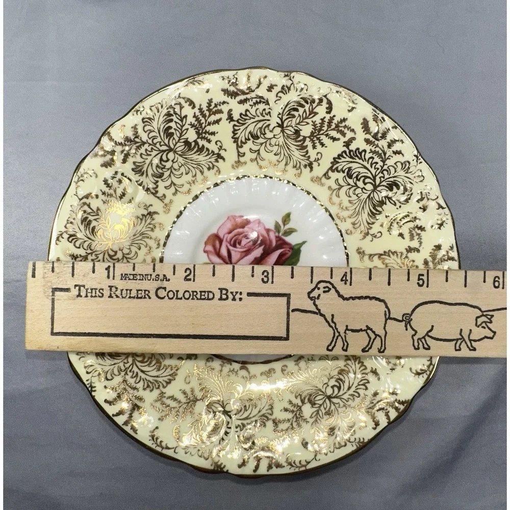 Paragon Tea Cup Saucer Floating Cabbage Rose Citron Yellow Gold Filigree A2645‎